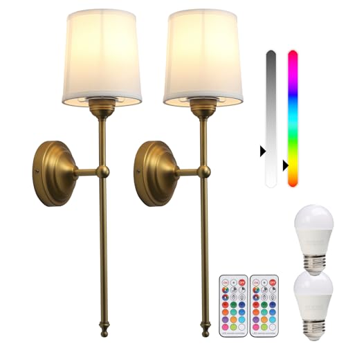 Permo Vintage Industrial Wall Lamp Set of 2 Hardwired Wall Sconce Light Decor with Remote Control and Dimmable Bulbs White Fabric Shade Lighting Fixture for Bedroom Living Room Hallway (Antique)