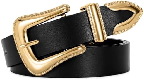 ALAIX Women's Black Leather Belt with Silver/Gold Buckle Western