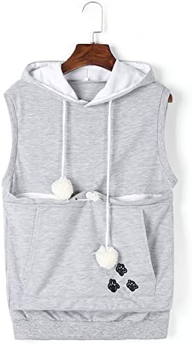 Unisex Cat Ear Big Kangaroo Pocket Sleeveless Hoodie Pet Holder Vest Sweatshirt (XXL, Grey)