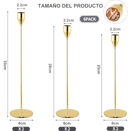 NEOROSVIKA Juego de 6 Candelabros para Velas, Vintage Cónicas Portavelas de Metal Alto, Candelabros Decorativos de Diferentes Alturas, se Adapta a Velas de 3/4 Pulgadas de Grosor (Oro)