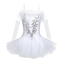 Freebily Girl Swan Lake Ballet Dance Tutu Dress Costumes Sequined Camisole Leotard Beads Flower Long Gloves Hair Clip Outfit White 5-6