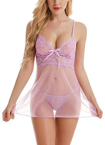 PARTY LADY Womens Sexy Sleepwear Semi-sheer Lingerie Nightwear Plus Size XXL Purple