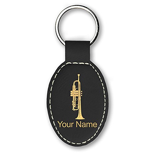 Oval Keychain, Trumpet, Personalized Engraving Included (Black)