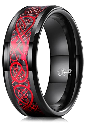 THREE KEYS JEWELRY Mens 8mm Black/Blue/Green Dragon Carbon Fiber Red/Black Celtic Tungsten Carbide Ring Wedding Band Comfort Fit