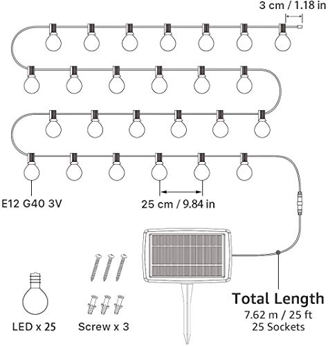 Lichtsnoer op Zonne-Energie voor Buiten,G40 Leds,7.62 Meter,4 Modi, IP44 Waterdicht,Buiten/Binnenverlichting,Solar… - Afbeelding 4