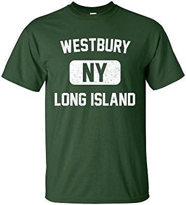 Westbury Long Island NY Distressed Print Retro Phys Ed Mens T-Shirt (White Print)