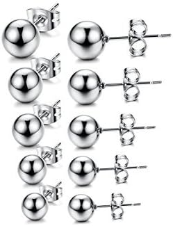 KARAY Men Women's 5 Pairs Stainless Steel Ball Stud Earrings Round Ball 4-8mm