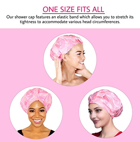 Luxury Shower Cap For Women - Ideal For All Hair Lengths and Thicknesses - Reusable, Waterproof and Washable - Double Layered Hair Cap - Beautiful Style and Color (Pink) 2 Luxury Shower Cap For Women - Ideal For All Hair Lengths and Thicknesses - Reusable, Waterproof and Washable - Double Layered Hair Cap - Beautiful Style and Color (Pink)
