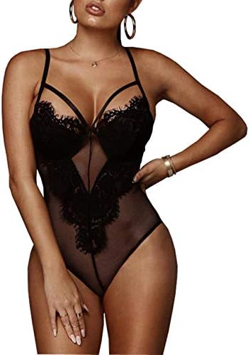 Yyicool Women Sexy Lace Mesh Patchwork Bodysuits V-Neck Backless Rompers Bodysuits Jumpsuit Tops Clubwear