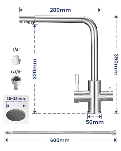 Sofetiy 3-Way Kitchen Tap, Osmosis Tap with 2 Levers, Kitchen Tap with Cold and Hot Water and Filtered Water, Brushed Stainless Steel, 360° Rotatable (No Water Purifier)