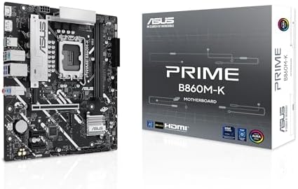 Prime B860M-K, Carte mère Intel mATX, 6 + 1 + 1 étapes d'alimentation DrMOS, DDR5, PCIe 4.0, 2 emplacements M.2, Realtek 2,5 Go Ethernet, DisplayPort, HDMI, USB 10 Gbps, USB Type-C 5 Gbps Avant