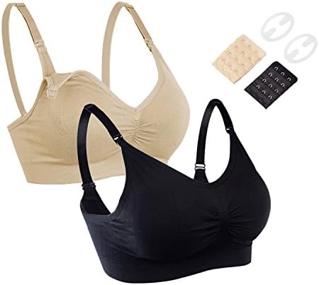 Perkisboby Women's Seamless Maternity Breastfeeding Nursing Bra Sleep Bralette with Extenders, Clips (M,Black &amp; Beige)