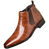 Men's Leather Print Slip On Chelsea Boots Comfortable High Top Pointed Toe Elastic Band Pull On Business Casual Dress Ankle Boots