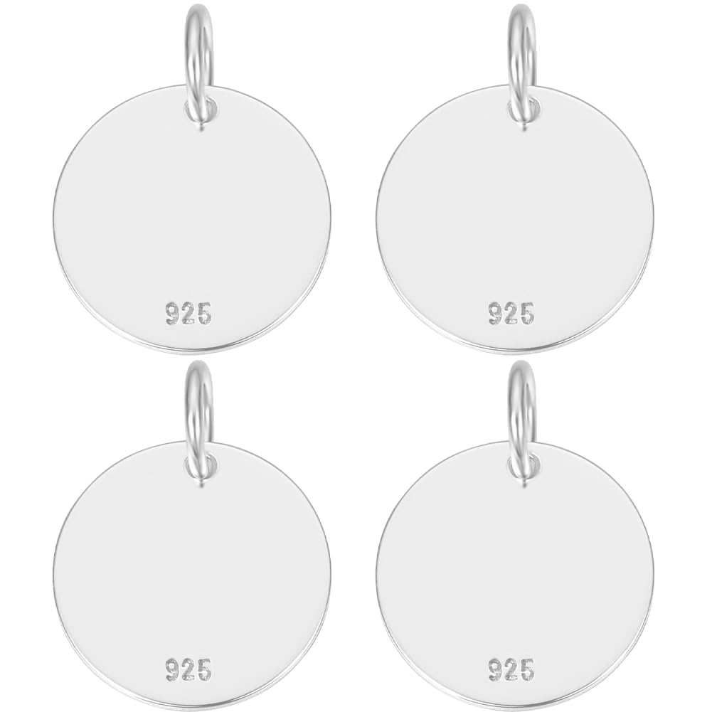 Beebeecraft 1 Box 4Pcs Flat Round Charm Sterling Silver 12mm Blank Bezel Tray Charms Cabochon Settings with Loop for Jewelry Making