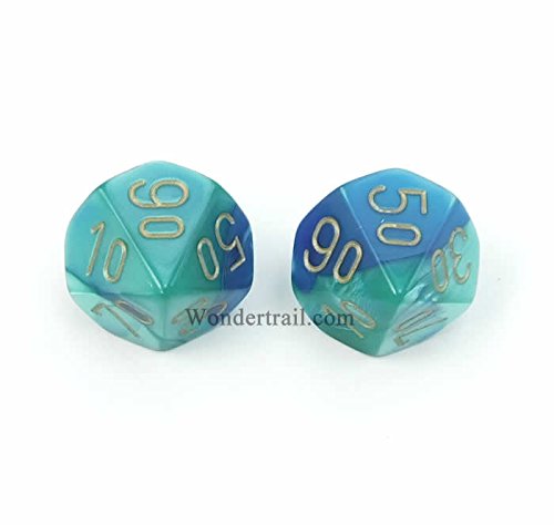 WCXPG1159E2 Blue And Teal With Gold Numbers D10 Percentile Aprox 16mm (5/8in) Pack of 2 Dice Chessex