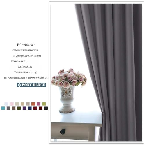 PONY DANCE Bedroom Curtains, Opaque, Grey, Set of 2, H 175 x W 140 cm, Thermal Curtains, Cold Protection, Winter Blackout Curtains, Eyelets, Thermal Curtains, Thermal Insulating