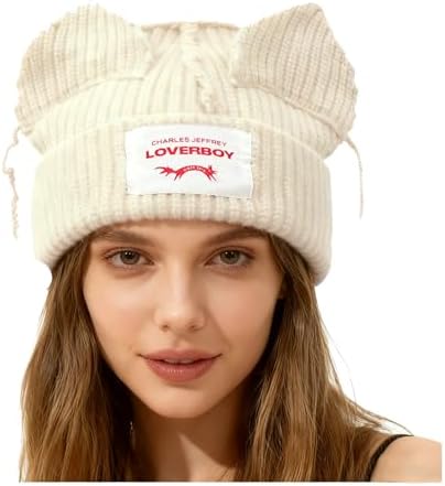 Y2K Cat Beanie Hat with Star Pins Pom Poms for Women Cute 