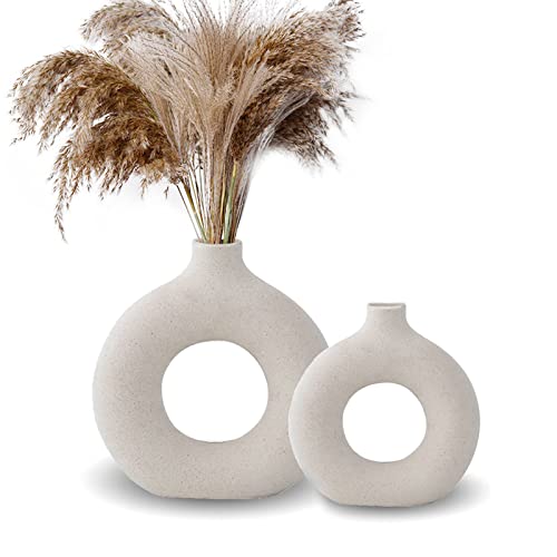 Donut vase weiß für pampasgras, Vase Nordic Ring Form Modern Deko vase weiß matt, vase Weiss Boho Rund Vase Wohnkultur für Büro Haus, L+M