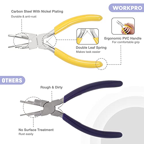WORKPRO 5 Pieces Jewelry Pliers, Jewelry Tools Includes 6 IN 1 Wire Loop Pliers, Nylon Nose Pliers, Bent Nose Pliers for Jewelry Making, Pointed Tweezers, Curved Tweezers, with Storage Bag