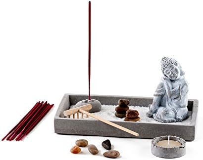 Grey Buddha Statue ZEN Garden Set with Incense &Tealight Candle holder, Sand, Rock & Rake