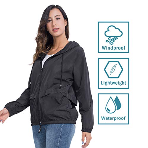 JTANIB Women's Lightweight Packable Waterproof Hooded Rain Jacket S-XXL Black - Thumbnail 2