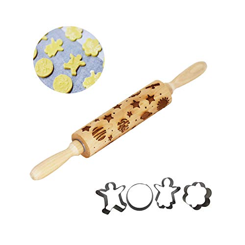 Embossed Rolling Pins with Design Christmas 3d Rolling Pin Wooden