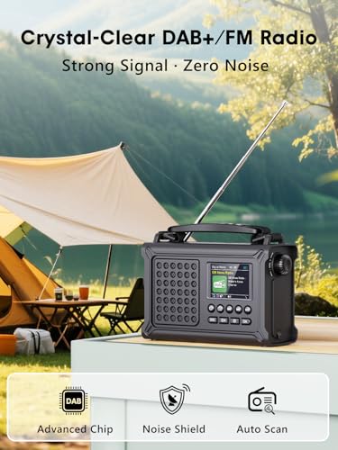 ROCAM Crank Radio DAB+/FM, Portable Emergency Radio 12000 mAh with 8500 mm² Solar Panel & 650 mA Crank, Digital Radio with Bluetooth, 2.4 Inch Colour Display, 80 Transmitters, SOS, LED Torch, USB, IPX6 for Camping