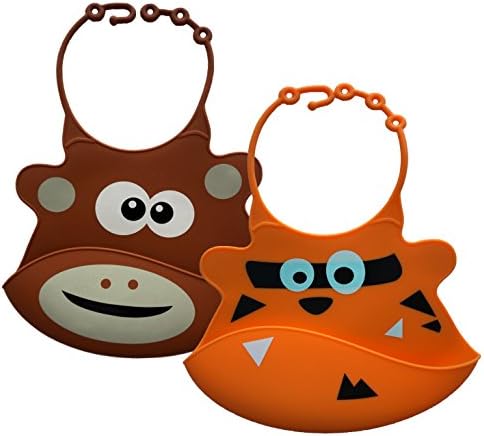 Baby Feeding Bib with pocket, SAVE NOW 2 Pack. Soft FDA Approved Silicone, BPA Free. Gift for Boys and Girls. Easy to clean, Now New Fun Animal Designs Orange Tiger and Brown Bear
