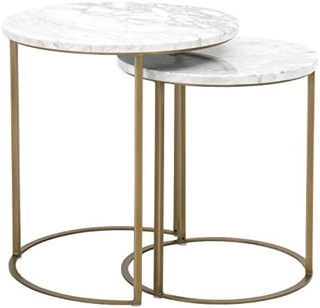 Star International Furniture Carrera Round Nesting Accent Table in White Marble and Brushed Gold