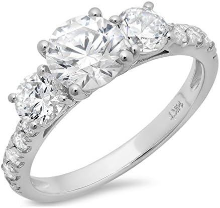 Clara Pucci2 Ct Round Cut Clear Simulated Diamond 14K White Gold Solitaire with Accents 3 Stone Engagement Anniversary Ring