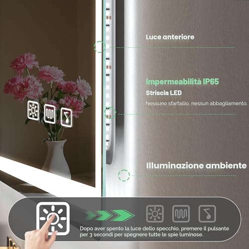 S'bagno Bluetooth-Mirror-Bathroom-with-Light-LED-100 x 70 cm, Mirror-Bathroom-LED-Anti-Fog, 3000K-6500K, Dimmable, Memory, Tempered Glass HD, IP44-Mirror-Backlit-Bathroom, Horizontal/Vertical