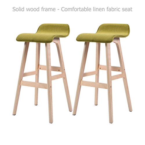 Modern Classic Bentwood Bar Stools Solid Wood Frame Unique Linen Fabrics Seat Counter Height Pub Kitchen Dining Chair - Set of 2 Green #1529