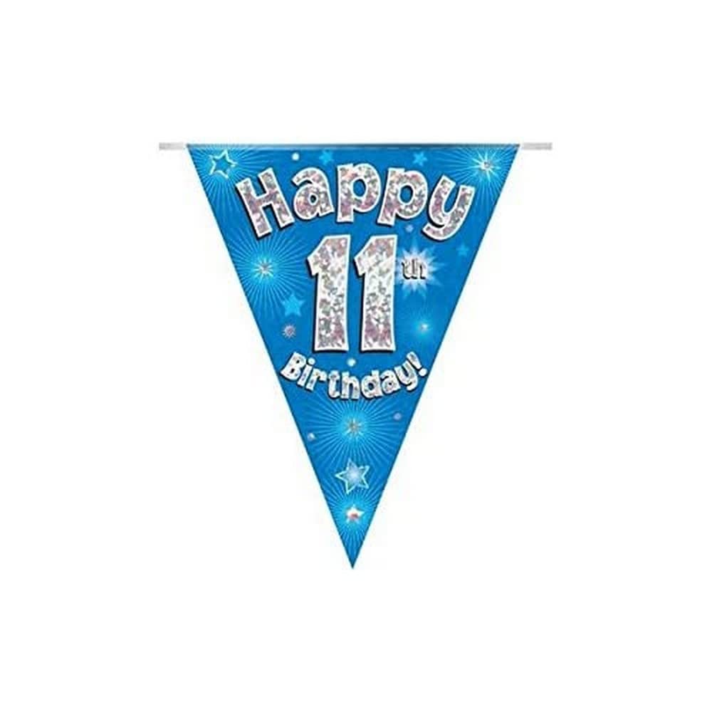 Party Bunting Happy 11th Birthday Blue Holographic 11 Flags 3.9m
