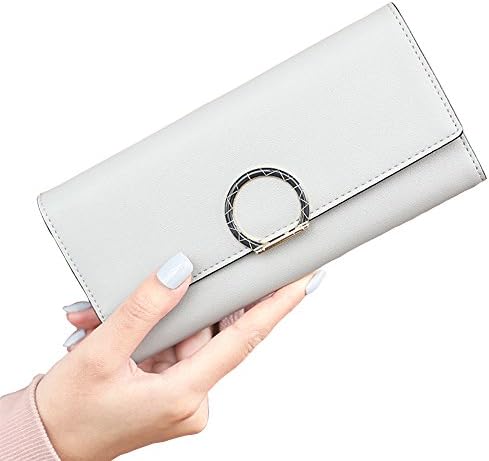 IFUNLE Womens PU Leather Long Wallet Large Capacity Trifold Clutch Circle Decorate Card Holder Buckle Ladies Purse (Grey)