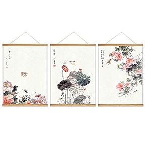 3 Panel Hanging Poster with Wood Frames - Chinese Ink Painting Style Flowers and Birds - Ready to Hang Decorative Wall Art - 18"x24" x 3 Panels