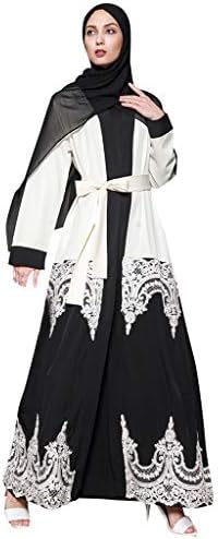 Nadition Elegant Muslim Abaya Dress Lace Color Splice Waist Tie Up Bow Cardigan Robe Turkish Hijab Islamic Prayer Clothing