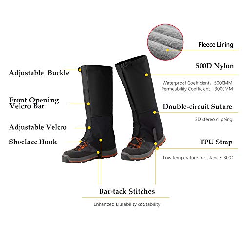 TB Hiking Leg Gaiters Snow Waterproof â€“ Fleece Lining Outdoor Shoes Rain Gear Walking Boot Gators Hunting gaitors Climbing Mountain Snake Black L