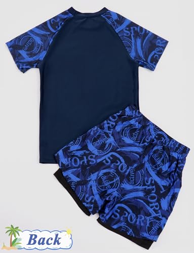 SEAUR Boys Two Piece Swimsuit Short Sleeve Swimming Costume with Swim Trunks Outfit Set Big Kids Swimwear Beach Surfing Bathing Suit 9-15 Years