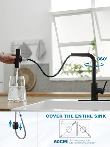 Kitchen Faucet with Pull Down Sprayer, 3 Function Waterfall Sink Faucet, Stainless Steel Utility Faucet, Single Handle for Kitchen Sink, Modern Design, Matte Black