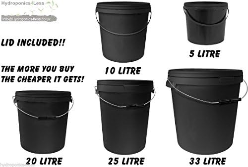 5, 10, 20, 25 or 33 Litre Black Buckets with Lids Hydroponics DIY DWC Carry ( Pack of 2 ) (33 Litre)