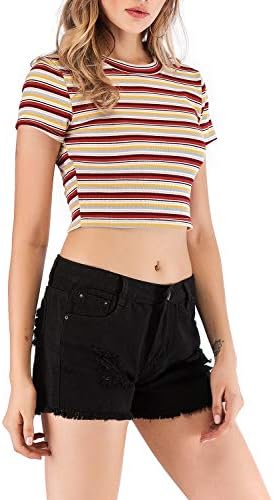 Women's Casual Crop Top Long Sleeve Rainbow Striped T Shirt