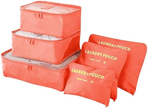 6 Set Waterproof Packing Cubes, Backpack Storage Bags, Travel Luggage Clothes Compression Organizer - 3 Travel Cubes + 3 Pouches - Orange