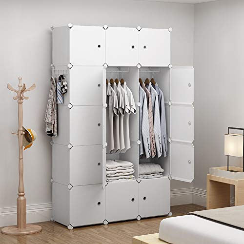 GEORGE&DANIS Portable Wardrobe Closet Plastic Dresser Bedroom Armoire DIY Cube Storage Organizer, White, 18 inches Depth, 3x5 Tiers