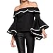 SIMSHION Women's Summer Off Shoulder Trumpet Sleeve Ruffled Collar Casual Blouse Tops Shirts Black M