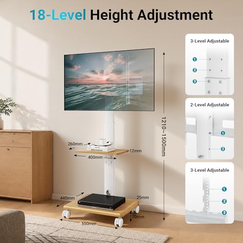 BONTEC TV Stand with 5 Castors and Wooden Base, Universal TV Stand for 32-80 Inch TVs, VESA 600 x 400 mm, 60 kg, Adjustable Height 1210-1500 mm, Tilt, Swivel, No Drilling Required