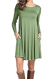 Peassa Womens Plain Long Sleeve Pockets Casual Swing T shirt Dress Green M