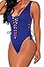HOTAPEI Women V Neck Lace up High Cut One Piece Bikini Small Navy Blue