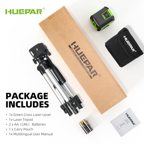Laser Level with 100cm Tripod, Huepar 30M Lazer Level Self Leveling Green Cross Line Laser Leveler Tool for Picture Hanging, Tile, Construction Indoor Project, Battery & Carrying Bag Included