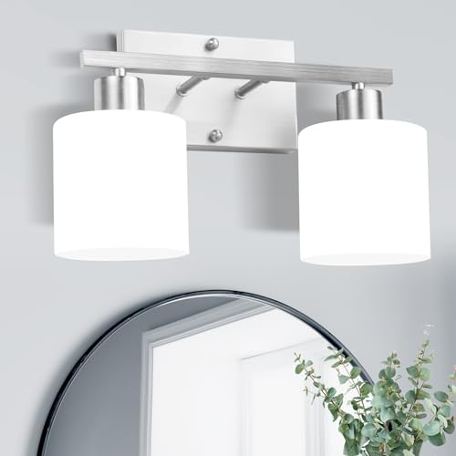 SILAMPDI Bathroom Light Fixtures Silvery, Vanity Lights for Bathroom 2-Light, Wall Sconces Lamp for Bedroom, Hallway, Milky White Glass Shades, E26 Base 60W MAX, Bulbs Not Included