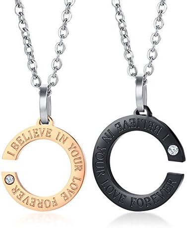 MMTTAO 2Pcs Titanium Stainless Steel Couple Necklace for Men Women Engraved Promise I BELIEVE IN YOUR LOVE FOREVER Charms Pendant